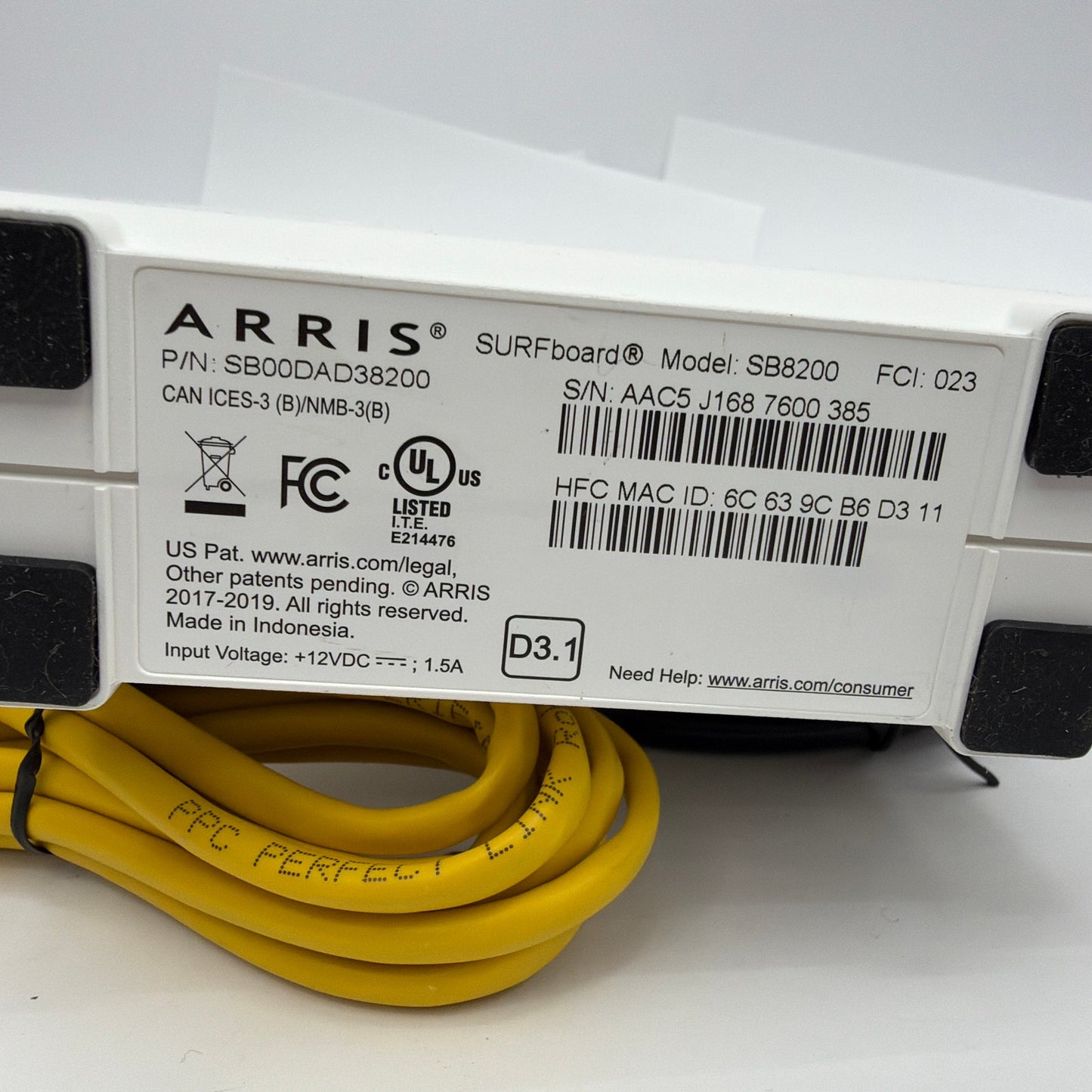 ARRIS SURFboard SB8200 DOCSIS 3.1 Cable Modem With Power Adapter Cables