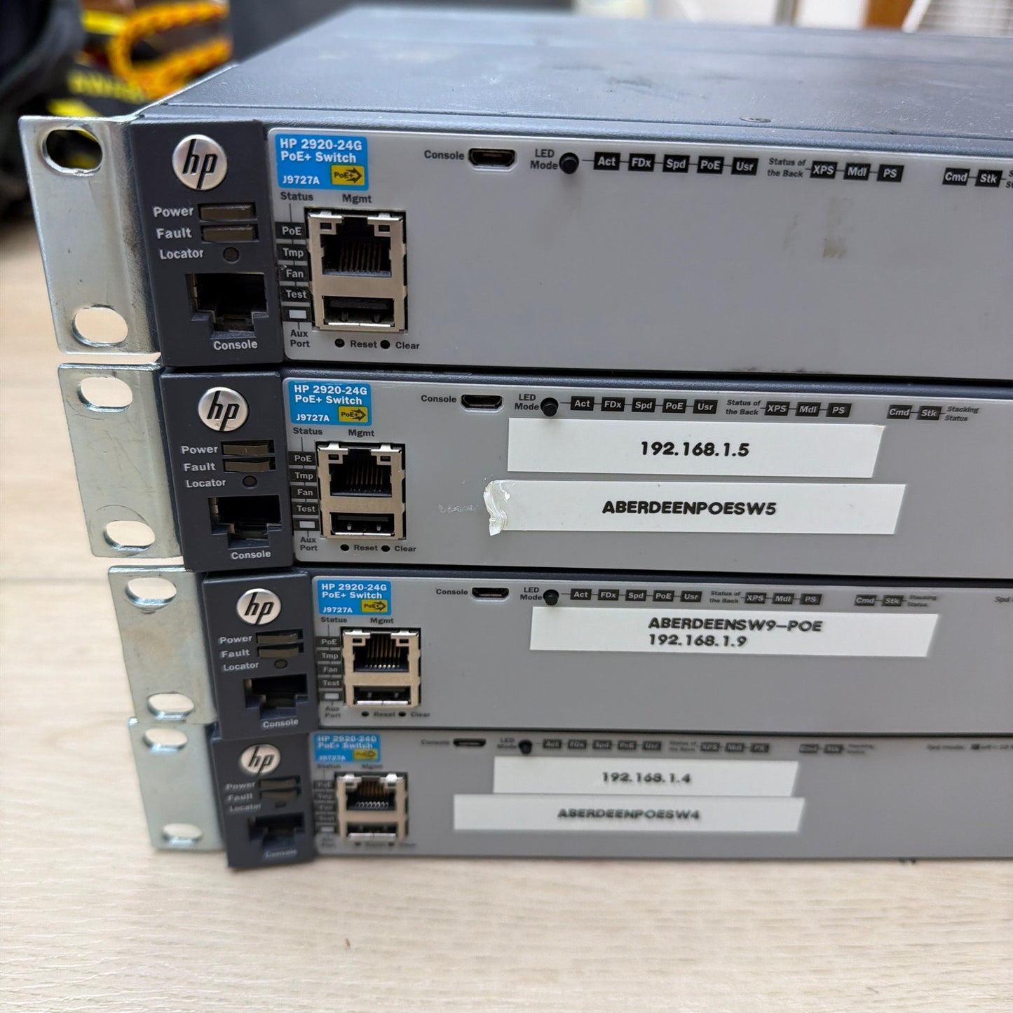 Lot of 4 HP 2920-24G PoE+ J9727A 24-Port Gigabit Switches