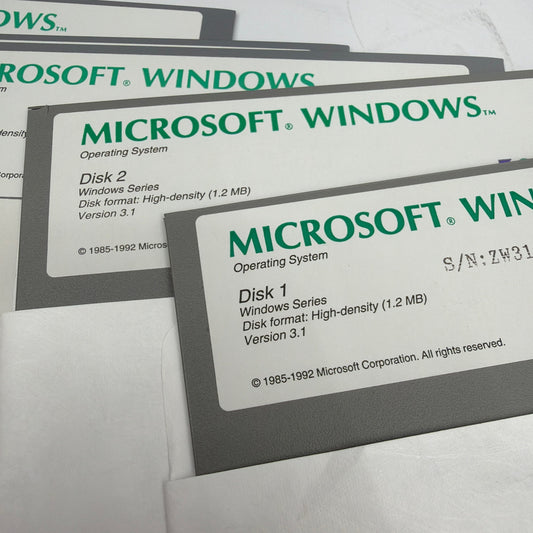 Microsoft Windows 3.1 5.25 Floppy Disk Set High-Density 1.2MB with Storage Case