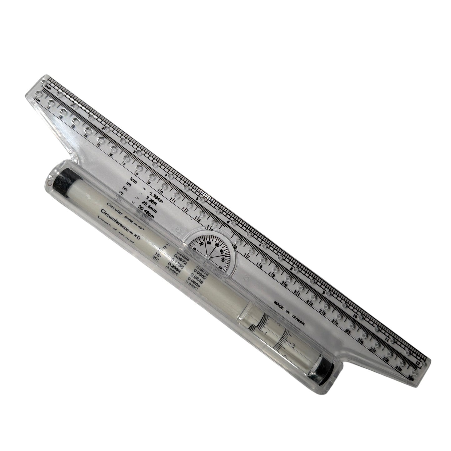 30cm Clear Drafting Ruler with Protractor and Formula Tube Made in Taiwan
