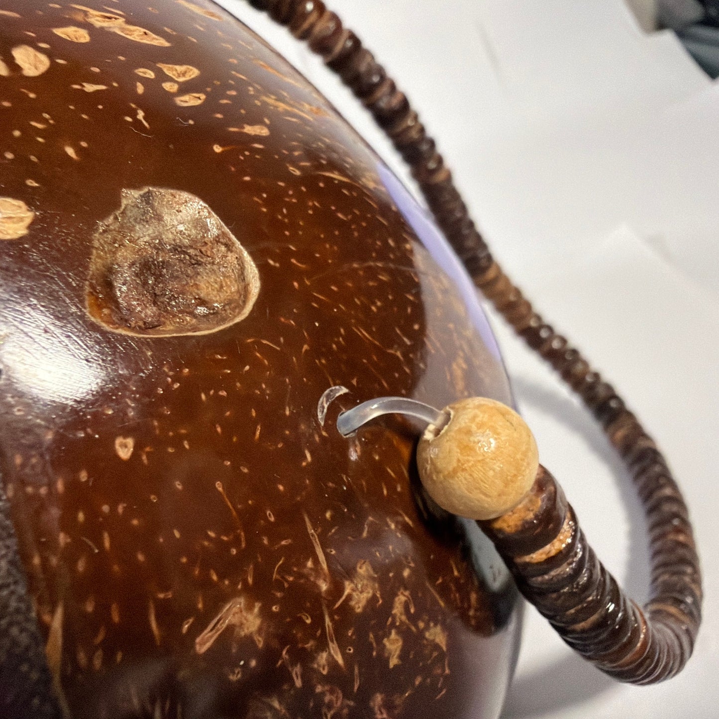 Handmade Coconut Shell Round Purse Brown Purple Floral Beaded Handle 6 Inch