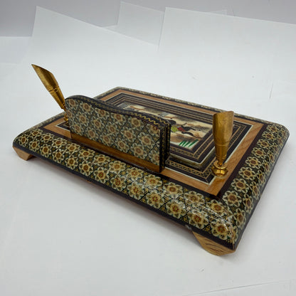 Persian Khatam Marquetry Desk Set Pen Holder Hand-Painted Miniature Isfahan