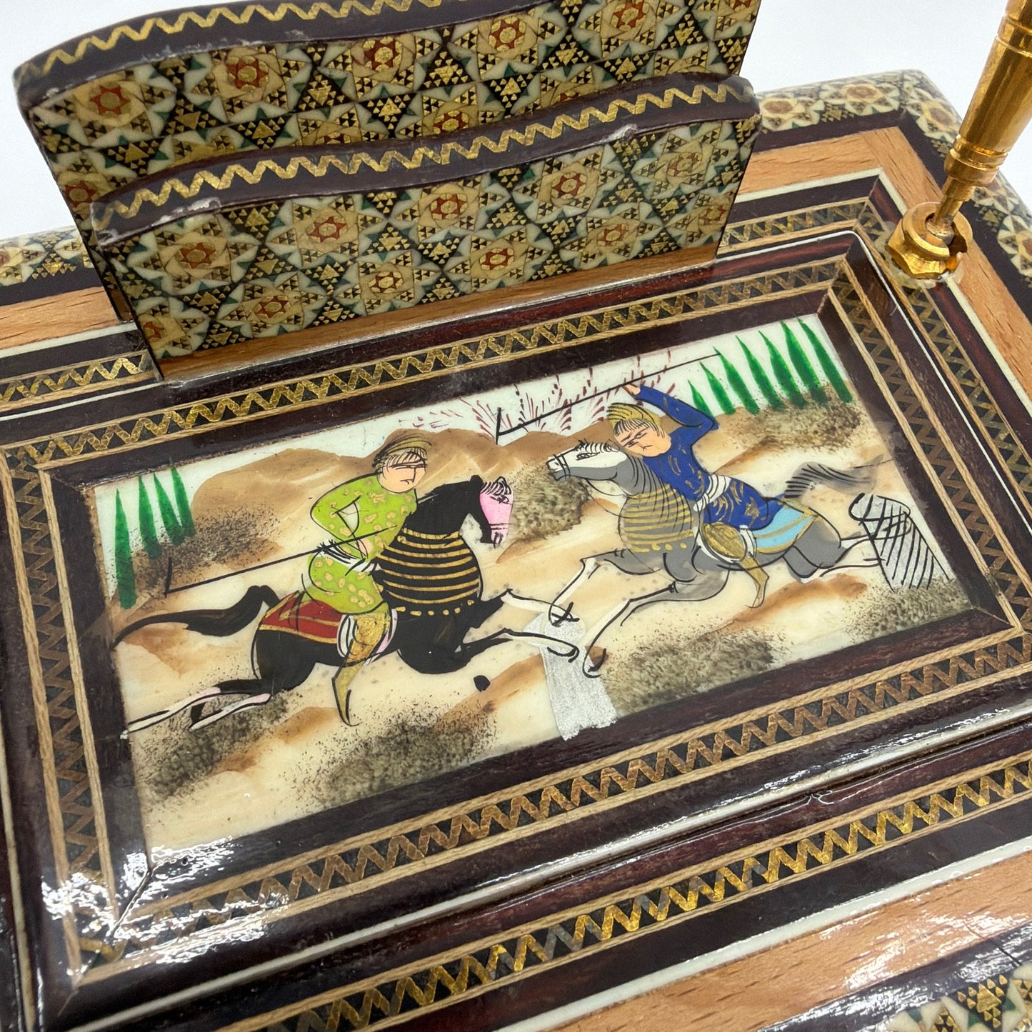 Persian Khatam Marquetry Desk Set Pen Holder Hand-Painted Miniature Isfahan
