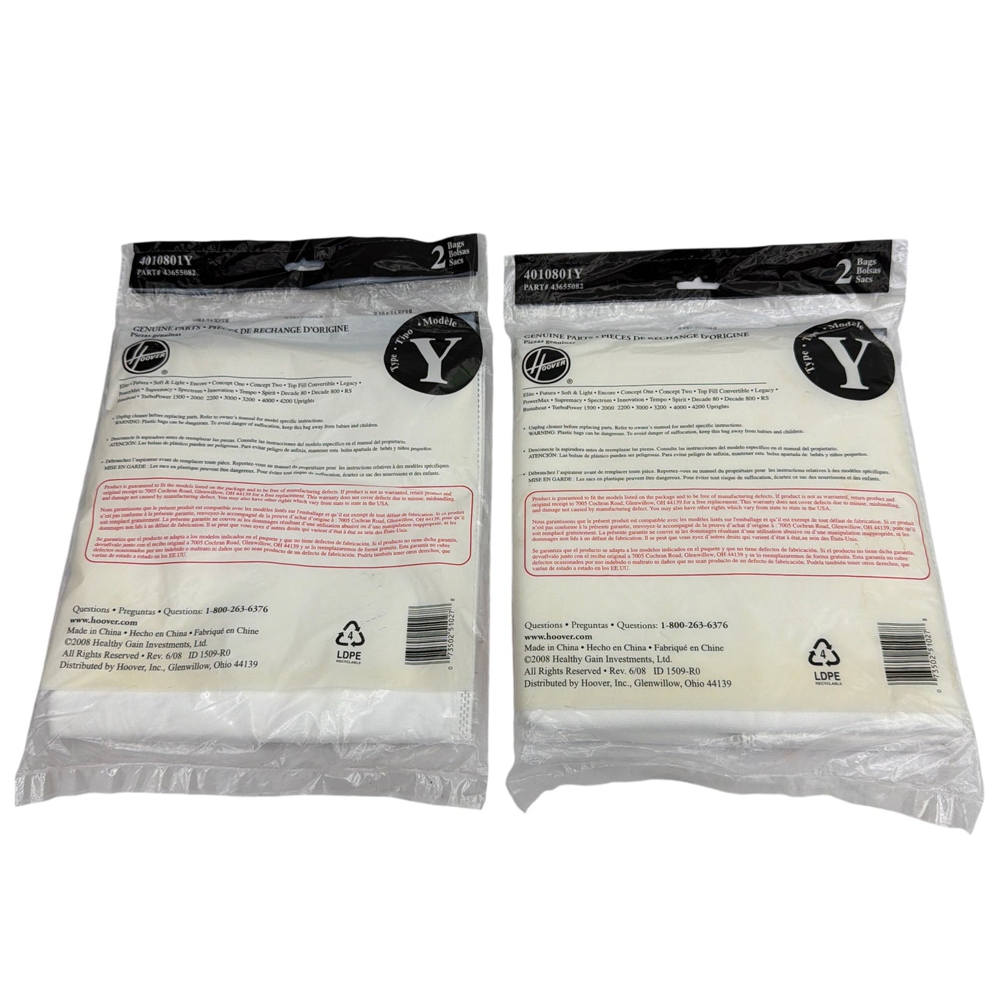 Hoover Type Y HEPA Vacuum Bags 4010801Y / 43655082 Lot of 3