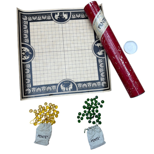 Vintage Pente Classic Game of Skill 1980 Red Tube Roll-Up Board with Glass Stone