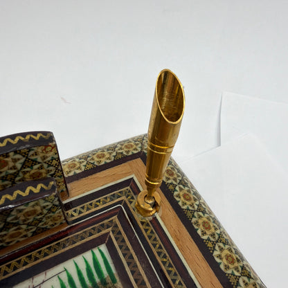 Persian Khatam Marquetry Desk Set Pen Holder Hand-Painted Miniature Isfahan