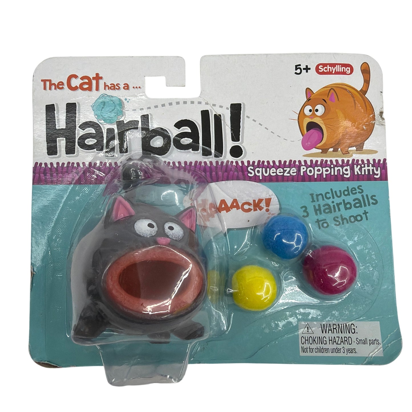 Schylling The Cat Has a Hairball Squeeze Popping Kitty Toy 3 Hairballs