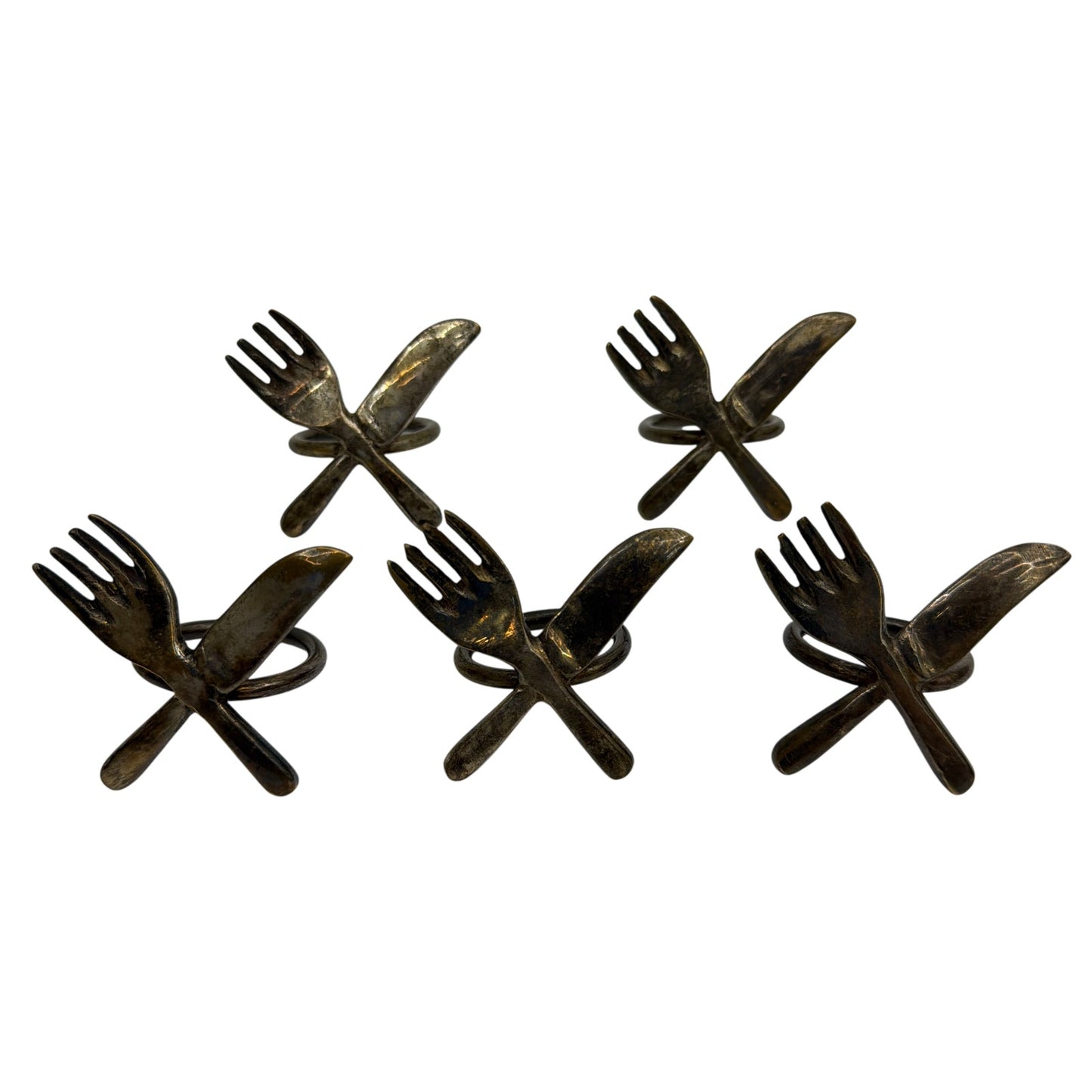 Brass-Tone Fork and Knife Napkin Rings 28mm Inner Diameter Lot of 5