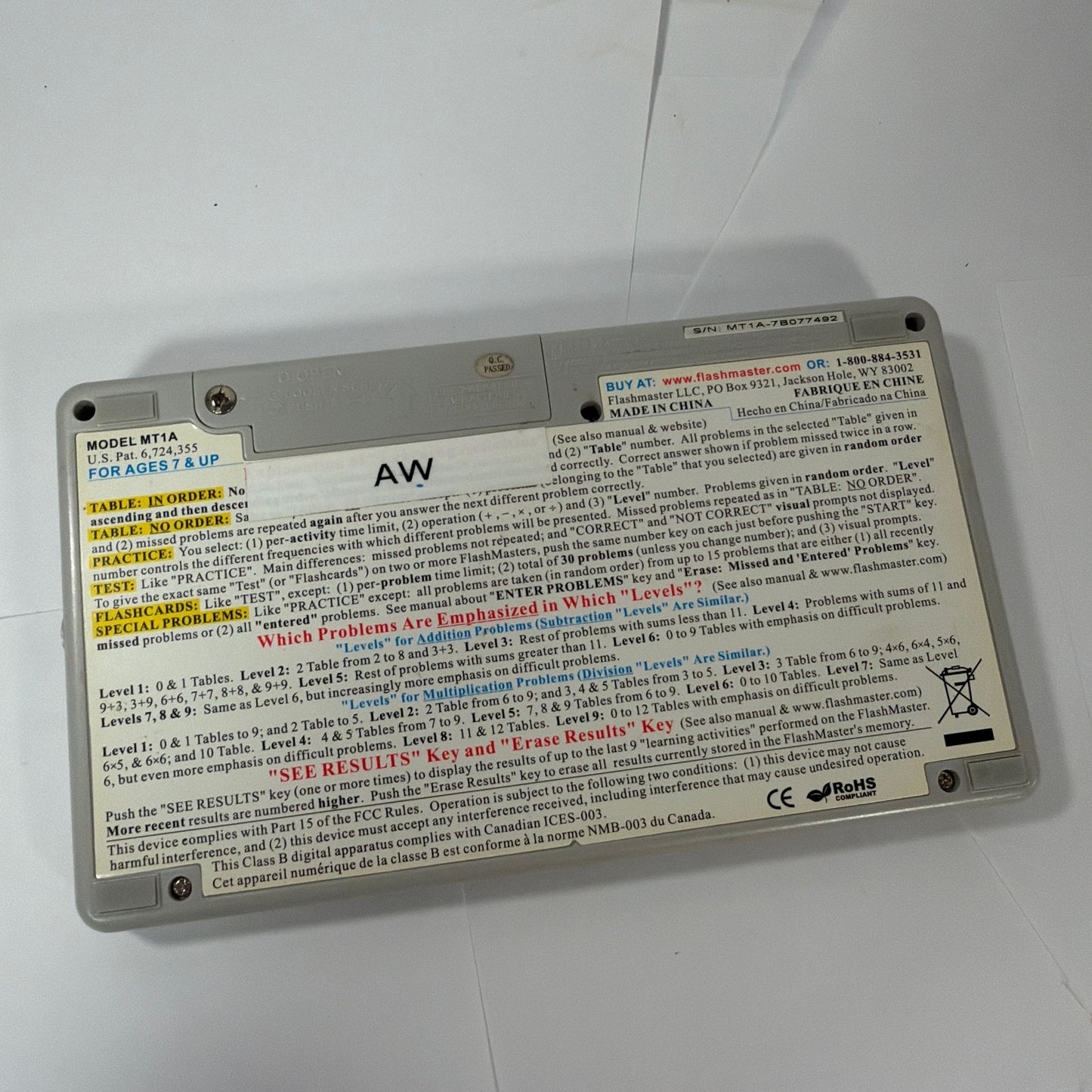 FlashMaster Math Tables Electronic Learning Tool Model MT1A Tested Working