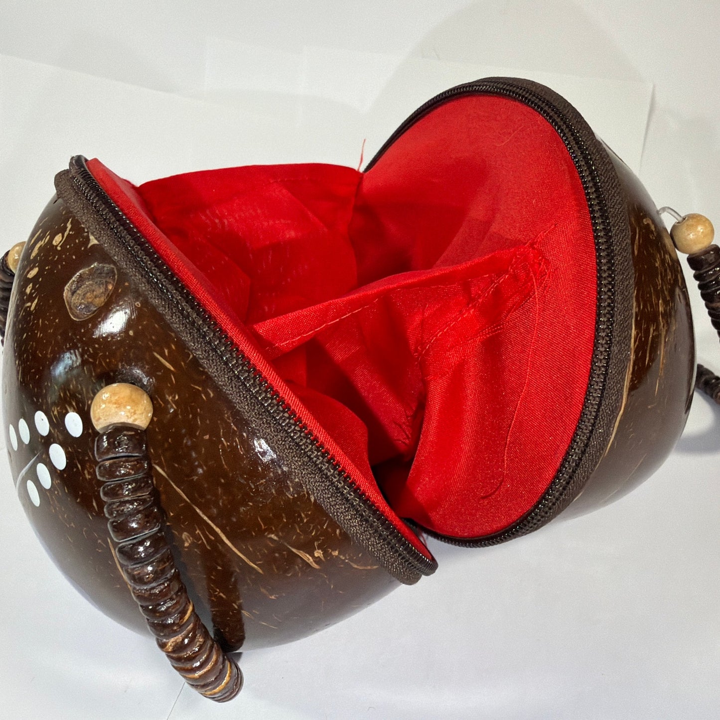 Handmade Coconut Shell Round Purse Brown Purple Floral Beaded Handle 6 Inch