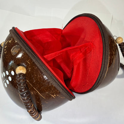 Handmade Coconut Shell Round Purse Brown Purple Floral Beaded Handle 6 Inch