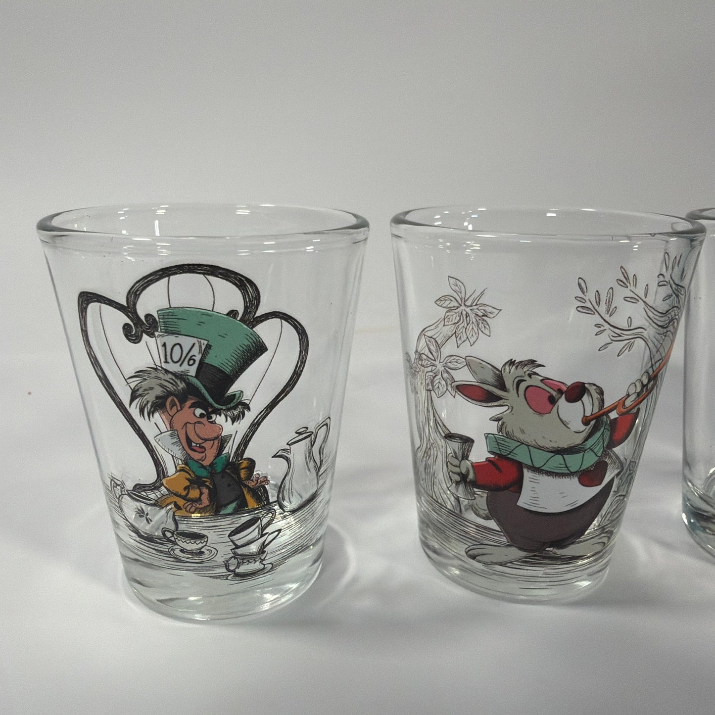 Silver Buffalo Disney 1.5 oz Mini Shot Glass Lot Mad Hatter White Rabbit Chesire