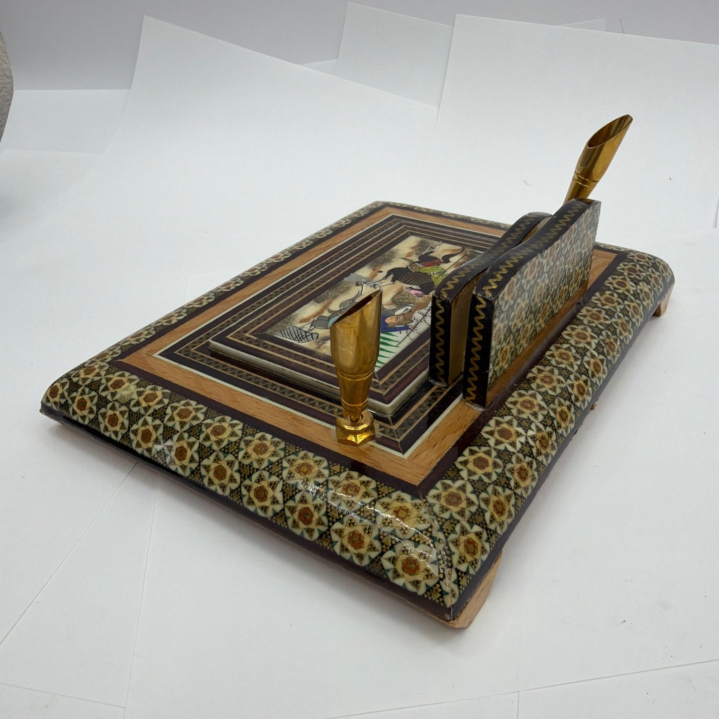 Persian Khatam Marquetry Desk Set Pen Holder Hand-Painted Miniature Isfahan