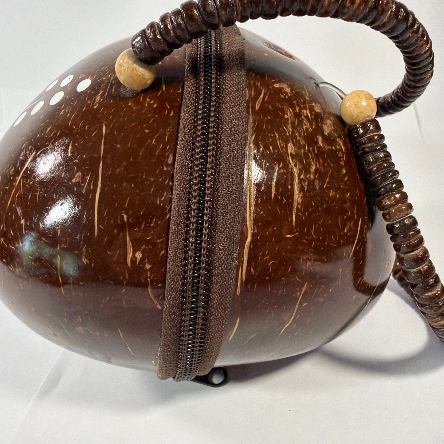 Handmade Coconut Shell Round Purse Brown Purple Floral Beaded Handle 6 Inch