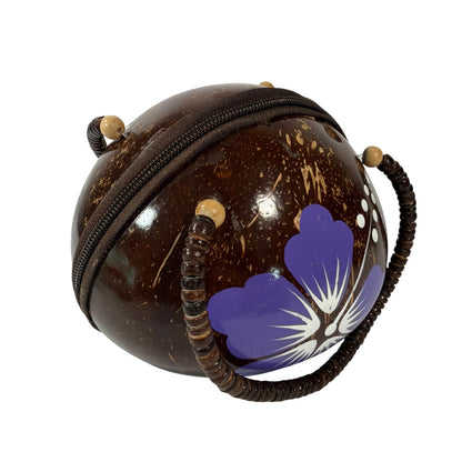 Handmade Coconut Shell Round Purse Brown Purple Floral Beaded Handle 6 Inch