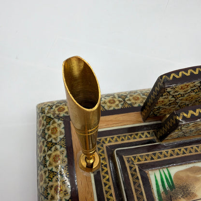Persian Khatam Marquetry Desk Set Pen Holder Hand-Painted Miniature Isfahan