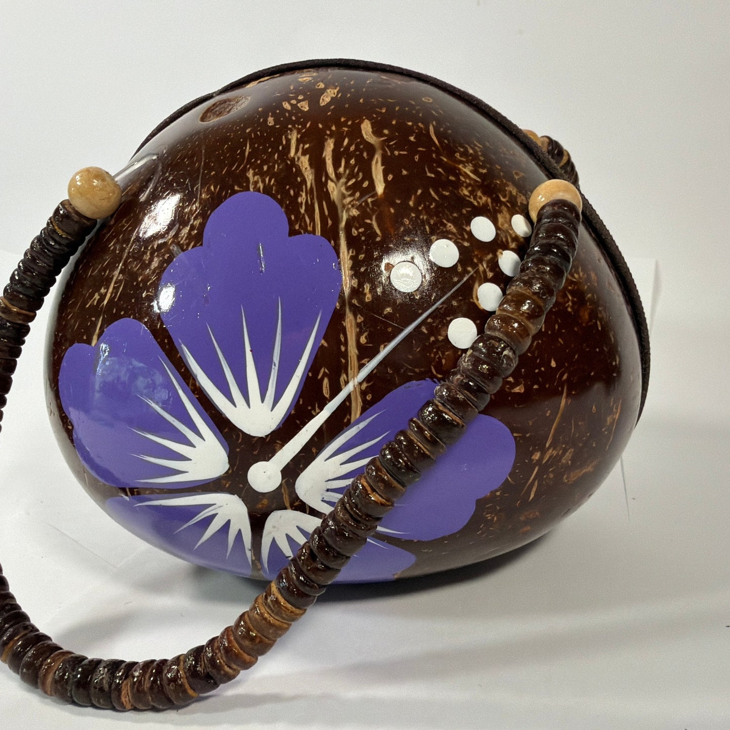 Handmade Coconut Shell Round Purse Brown Purple Floral Beaded Handle 6 Inch