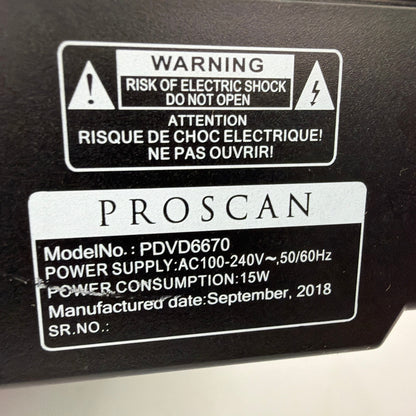 Proscan PDVD6670 DVD Player with HDMI USB Remote Power Cord and AV Cables