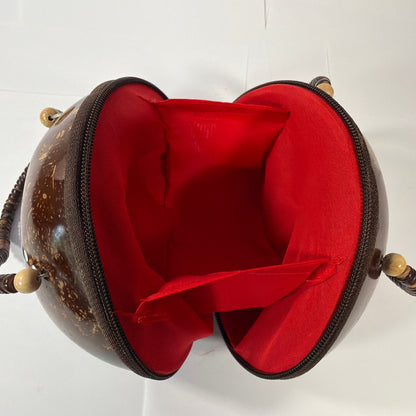 Handmade Coconut Shell Round Purse Brown Purple Floral Beaded Handle 6 Inch
