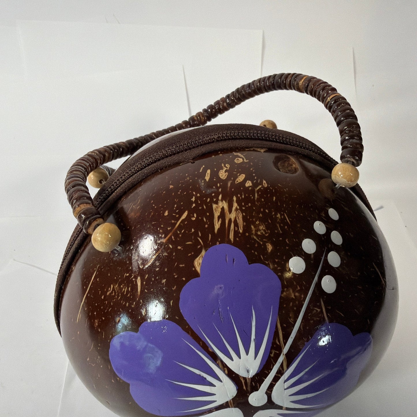 Handmade Coconut Shell Round Purse Brown Purple Floral Beaded Handle 6 Inch