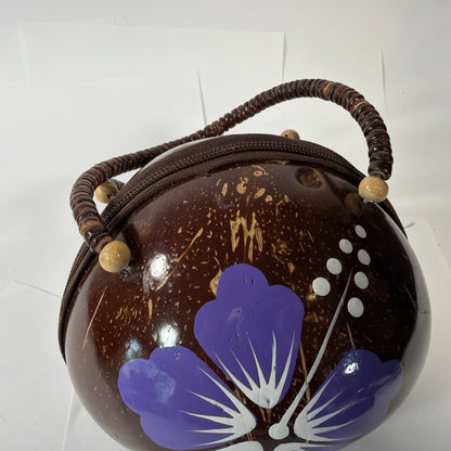 Handmade Coconut Shell Round Purse Brown Purple Floral Beaded Handle 6 Inch