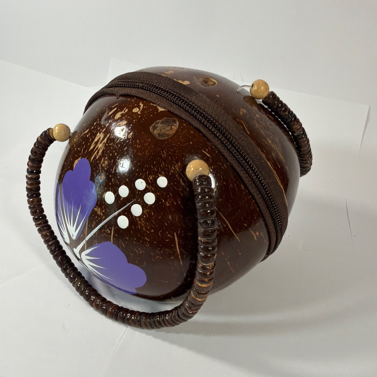 Handmade Coconut Shell Round Purse Brown Purple Floral Beaded Handle 6 Inch