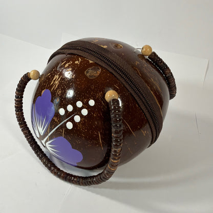 Handmade Coconut Shell Round Purse Brown Purple Floral Beaded Handle 6 Inch
