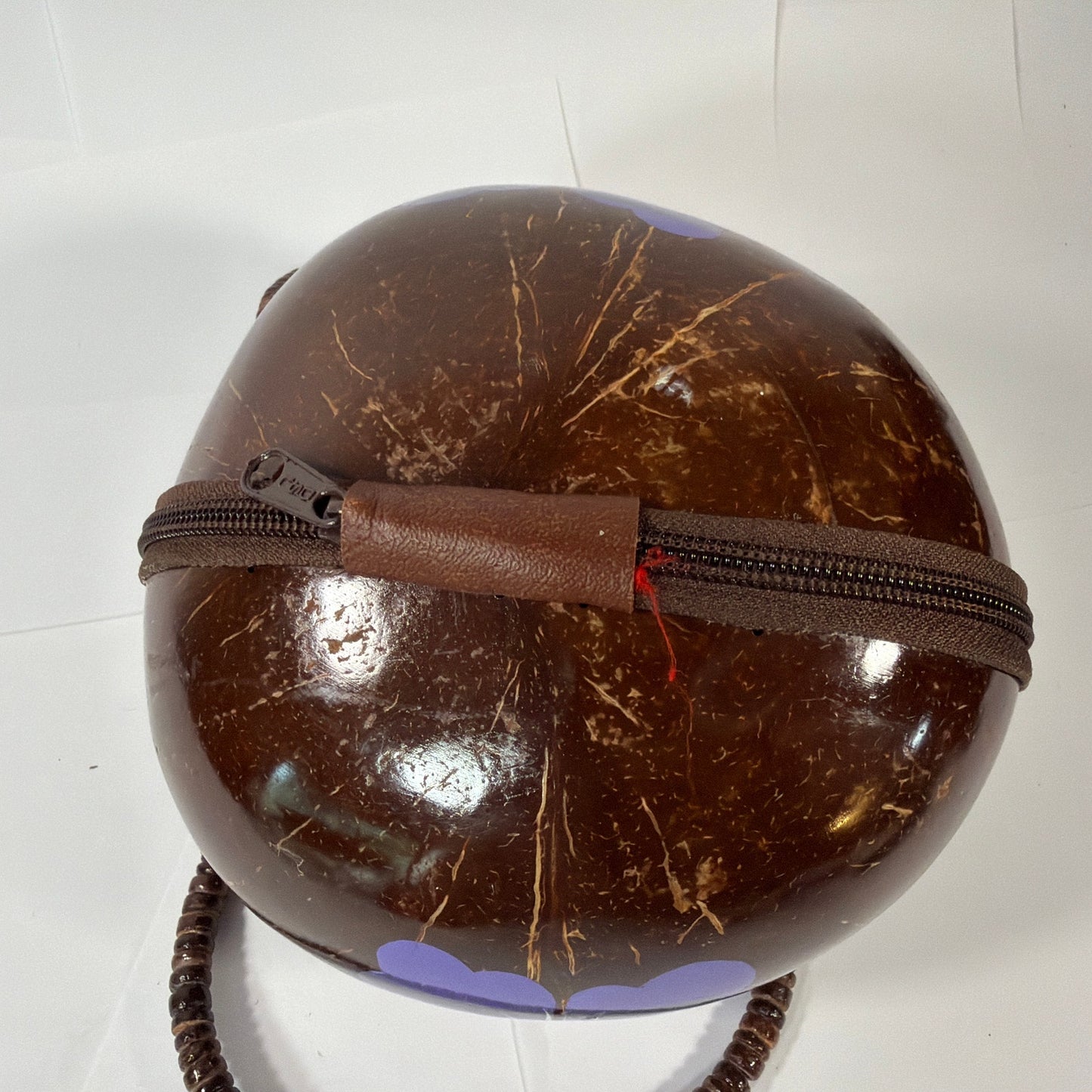 Handmade Coconut Shell Round Purse Brown Purple Floral Beaded Handle 6 Inch