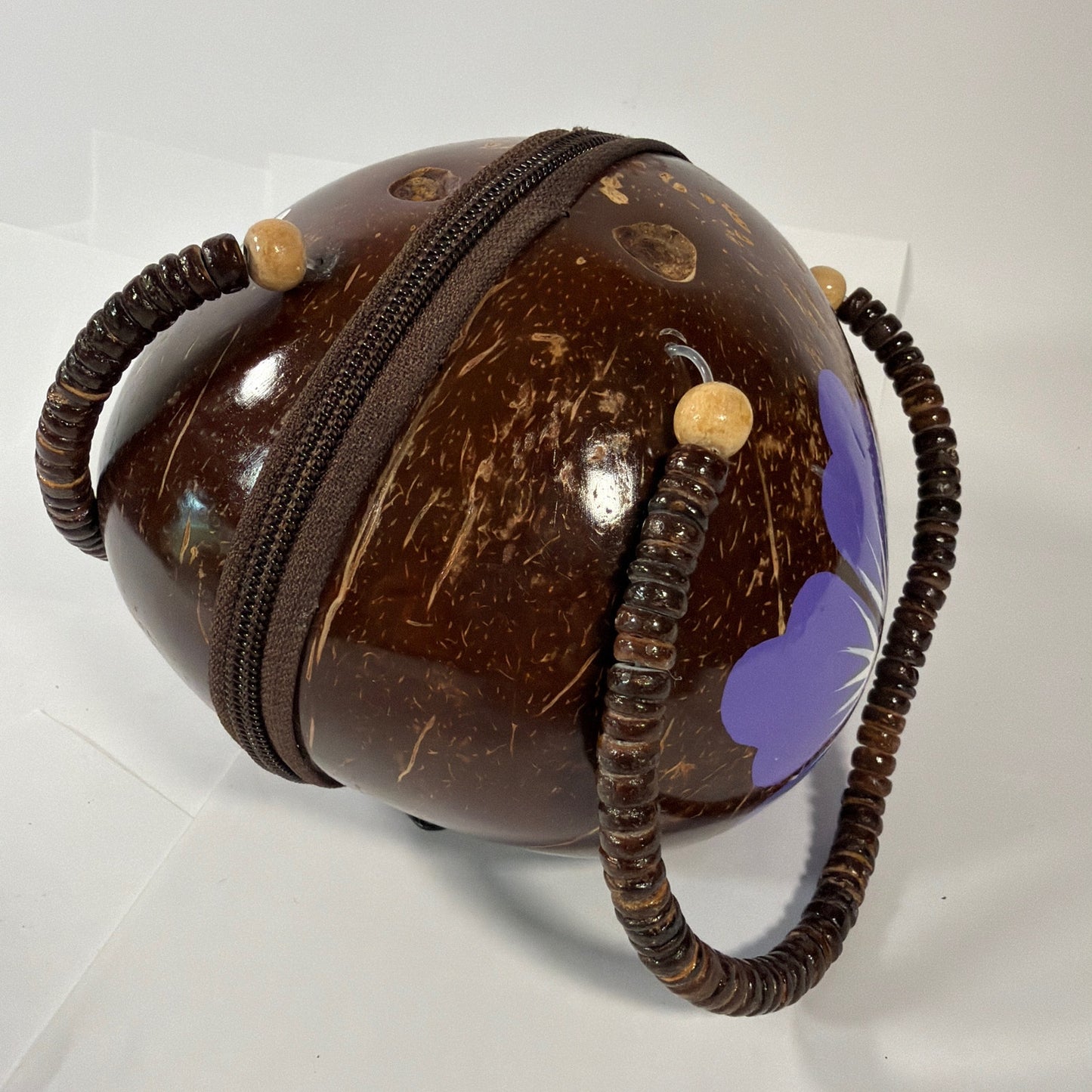Handmade Coconut Shell Round Purse Brown Purple Floral Beaded Handle 6 Inch