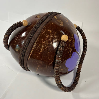 Handmade Coconut Shell Round Purse Brown Purple Floral Beaded Handle 6 Inch