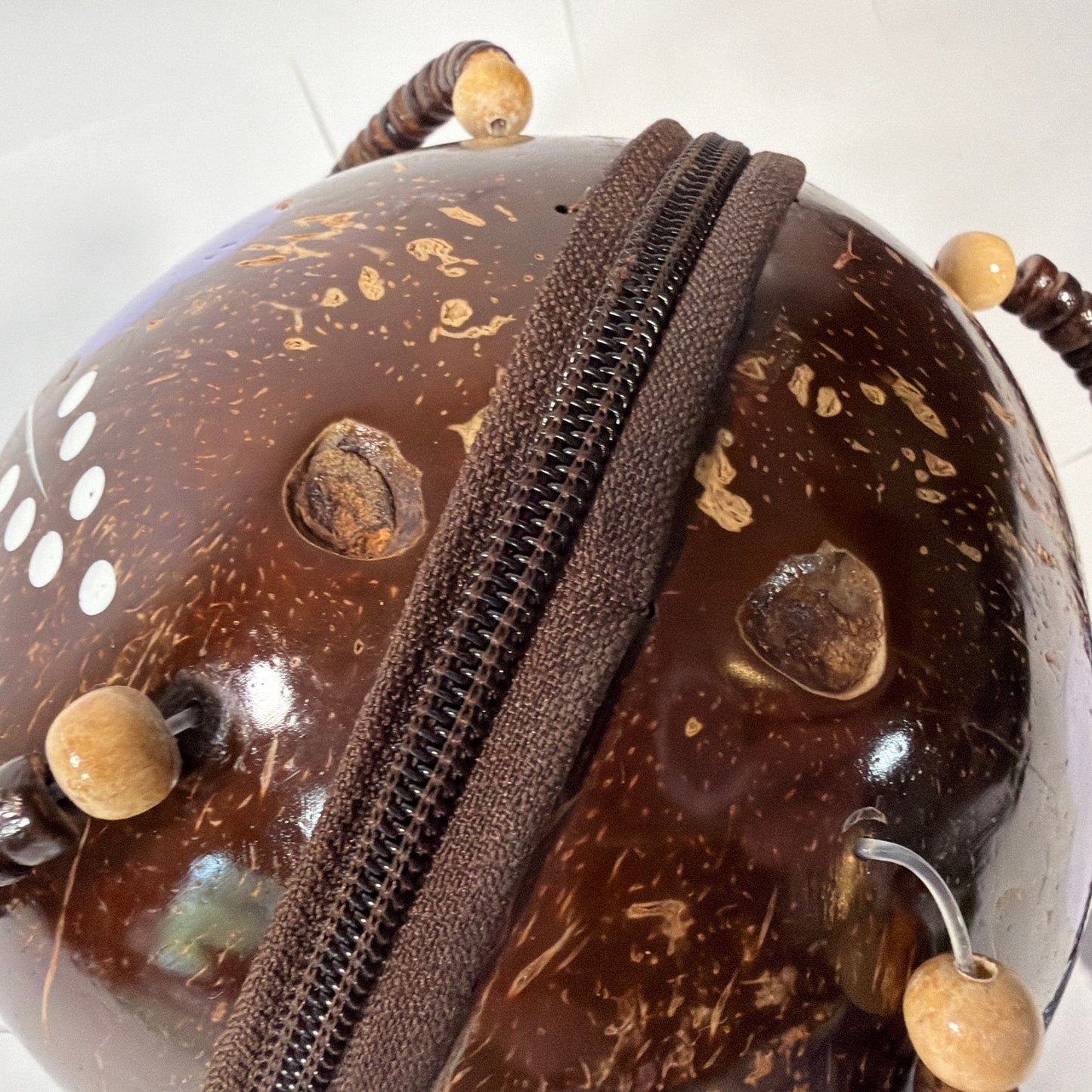 Handmade Coconut Shell Round Purse Brown Purple Floral Beaded Handle 6 Inch