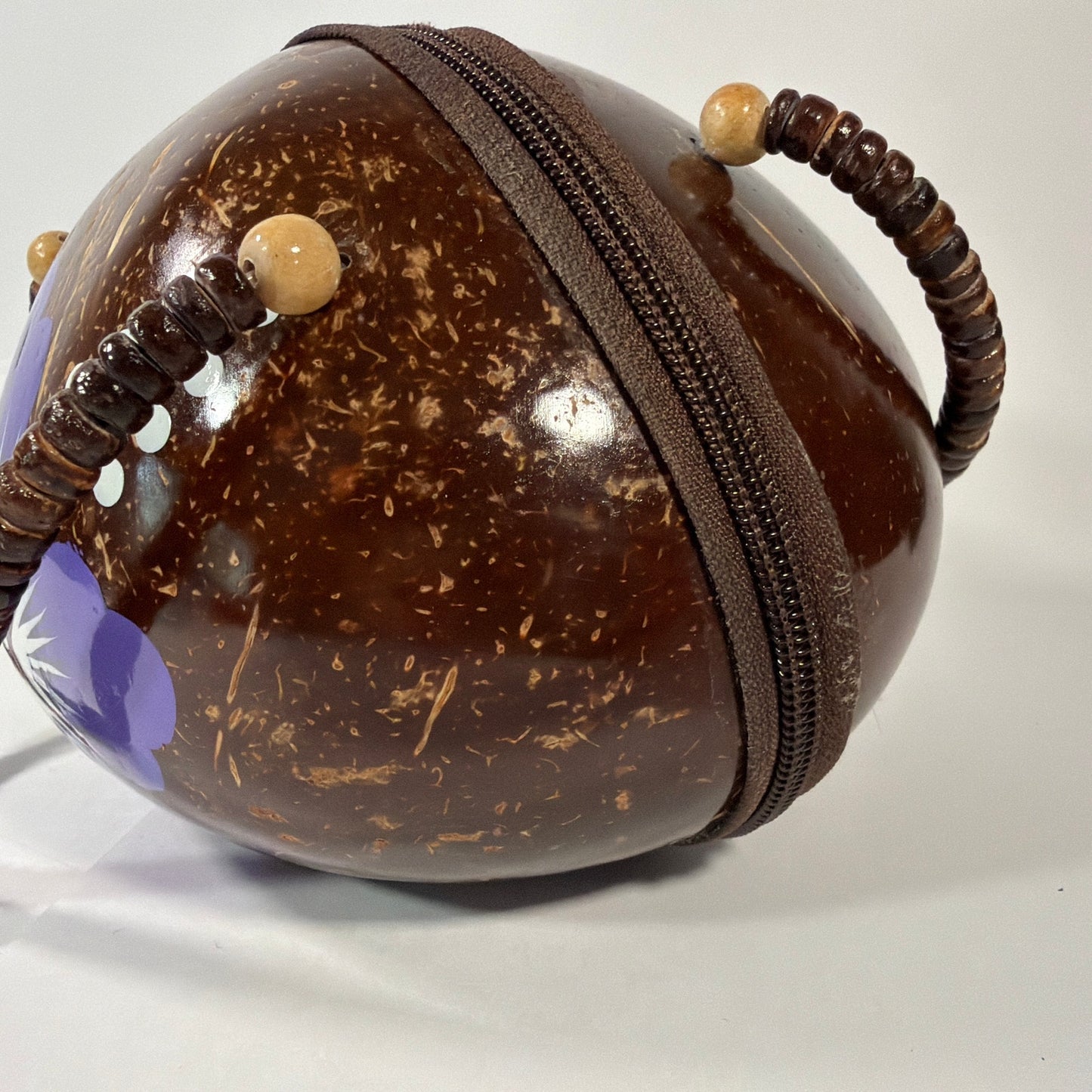 Handmade Coconut Shell Round Purse Brown Purple Floral Beaded Handle 6 Inch