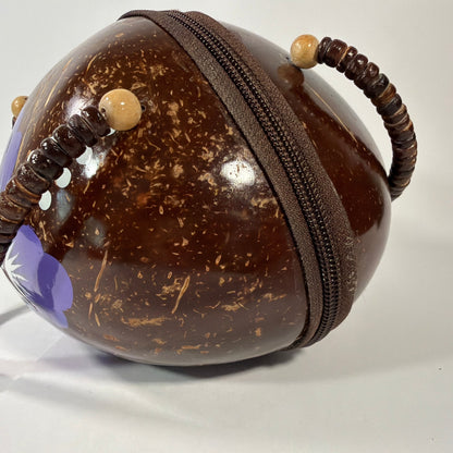 Handmade Coconut Shell Round Purse Brown Purple Floral Beaded Handle 6 Inch