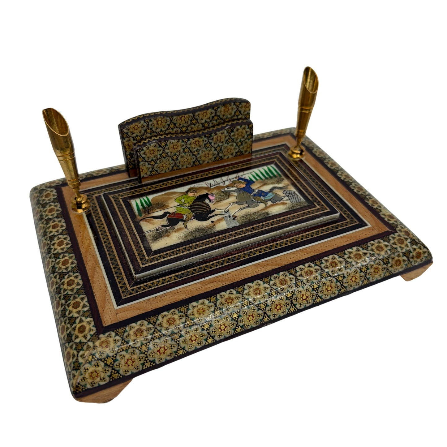 Persian Khatam Marquetry Desk Set Pen Holder Hand-Painted Miniature Isfahan