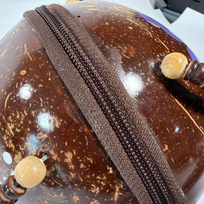 Handmade Coconut Shell Round Purse Brown Purple Floral Beaded Handle 6 Inch