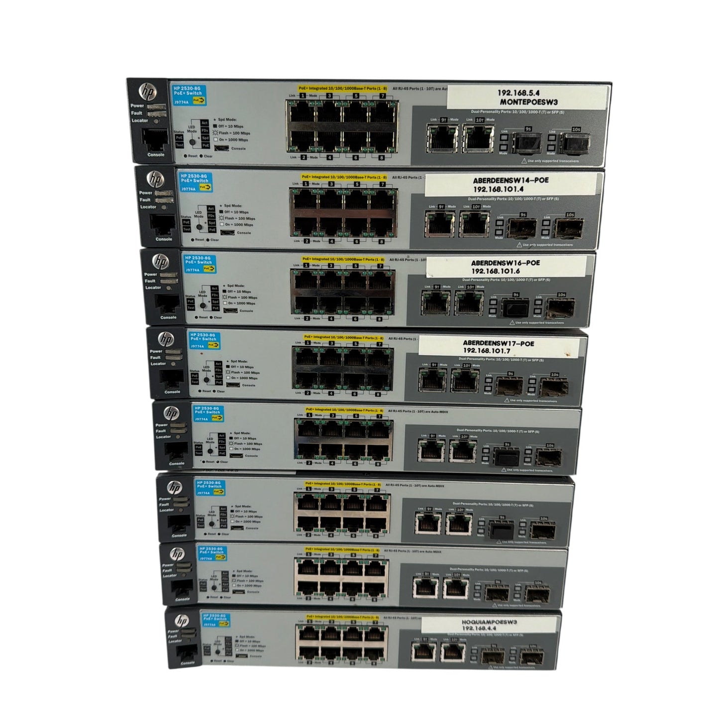 Lot of 8 HP 2530-8G PoE+ Switch J9774A Untested For Parts